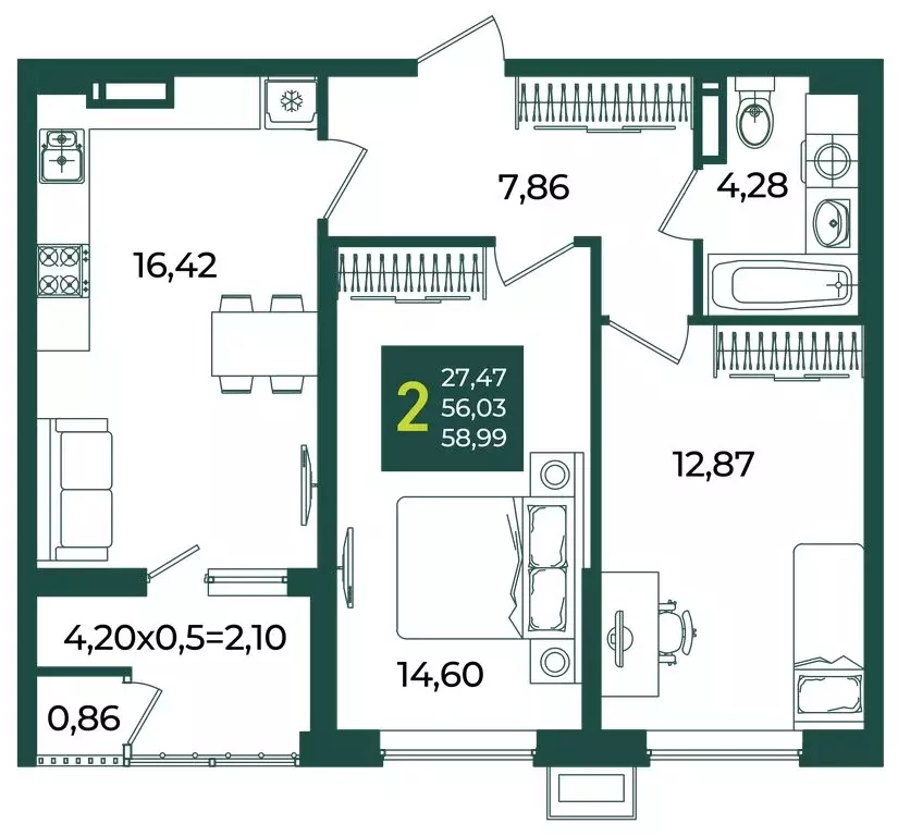 2-комнатная квартира: Краснодар, улица Адмирала Макарова, 5/1 (58.99 ... - Фото 1