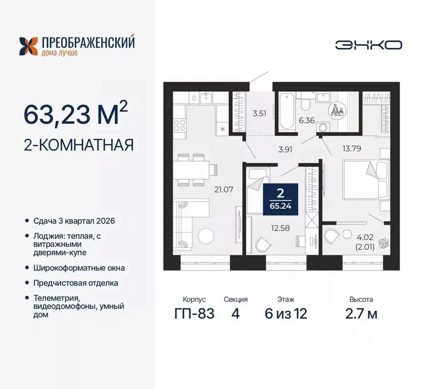 2-к кв. Ямало-Ненецкий АО, Новый Уренгой Славянский мкр,  (63.23 м) - Фото 1