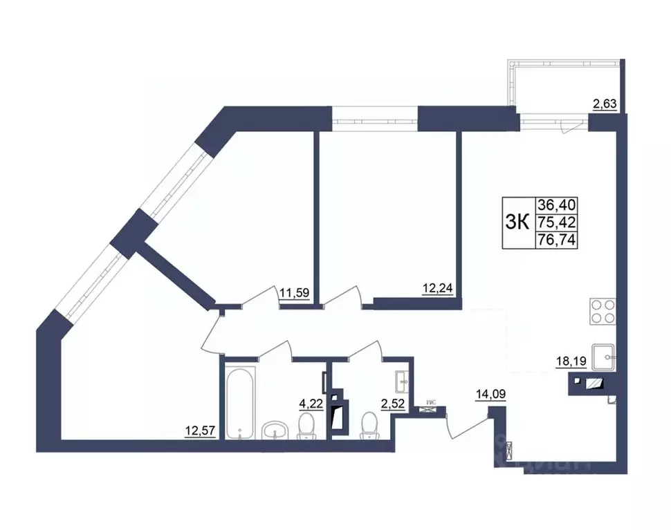 3-к кв. Башкортостан, Уфа Космос жилой комплекс, лит1 (76.82 м) - Фото 1