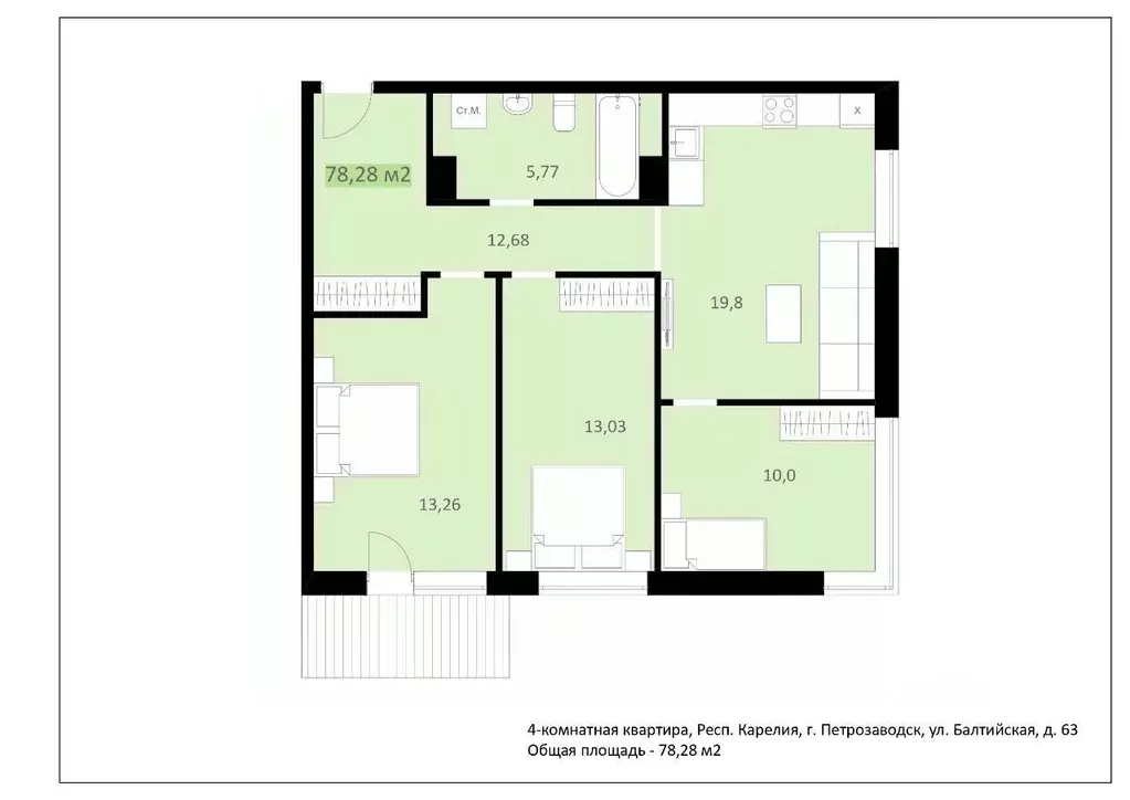 4-к кв. Карелия, Петрозаводск Балтийская ул., 63 (78.28 м) - Фото 1