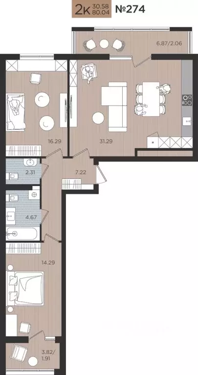 2-к кв. Калининградская область, Калининград Мой Город жилой комплекс ... - Фото 1