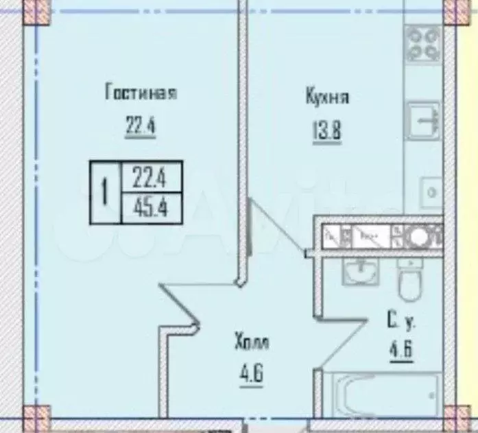 1-к. квартира, 45,4 м, 7/11 эт. - Фото 0