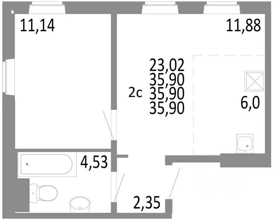 2-к кв. Челябинская область, Челябинск ул. Блюхера, 125В (35.9 м) - Фото 0
