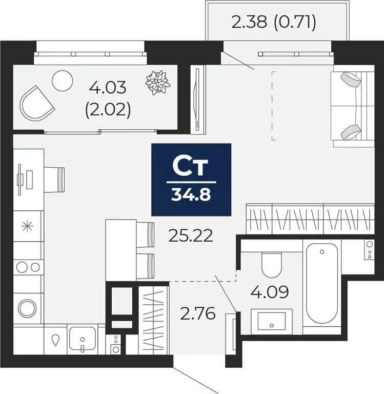Квартира-студия: Тюмень, Камчатская улица, 109к1 (38.48 м) - Фото 1