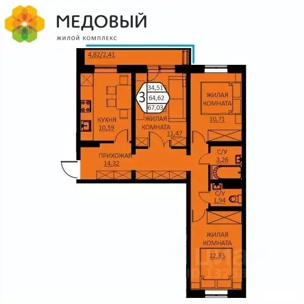 3-к кв. Пермский край, д. Кондратово ул. Н.М. Яблокова, 4 (67.03 м) - Фото 1