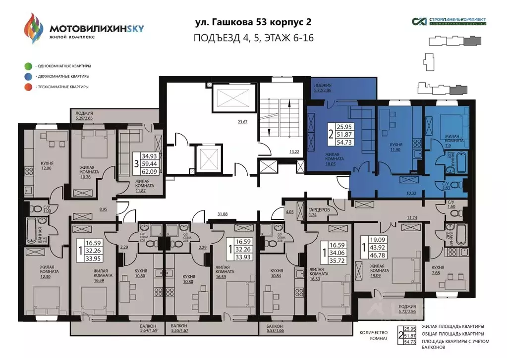 2-к кв. Пермский край, Пермь ул. Гашкова, 53к2 (51.4 м) - Фото 1