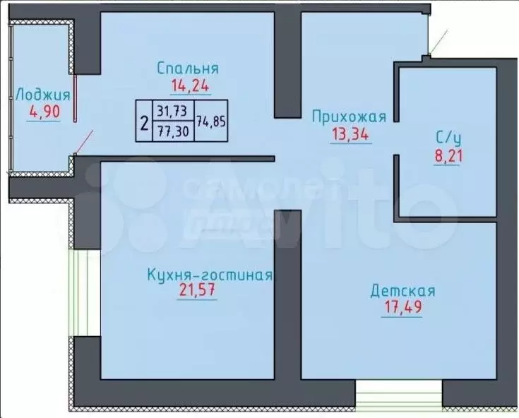 2-к. квартира, 77,3 м, 3/17 эт. - Фото 0