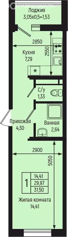 1-комнатная квартира: село Небуг, квартал Спортивный (31.5 м) - Фото 0