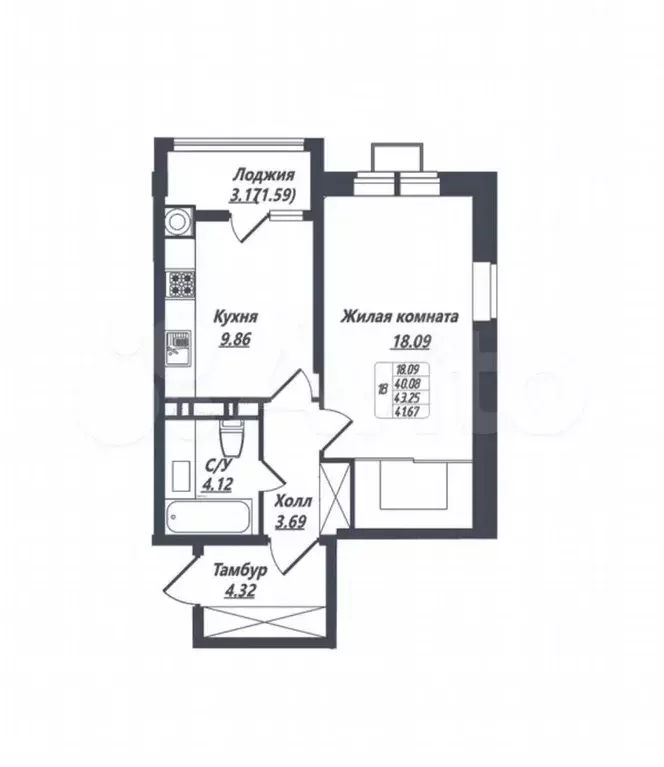 1-к. квартира, 41,7 м, 8/8 эт. - Фото 1