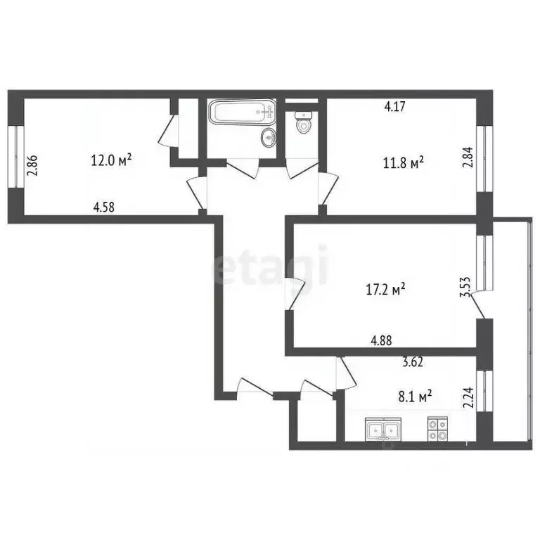 3-к кв. Калужская область, Калуга ш. Грабцевское, 154 (66.5 м) - Фото 2