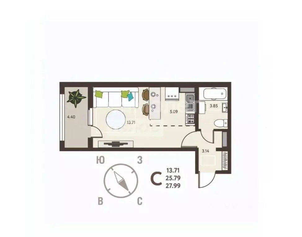 Студия Липецкая область, Липецк ул. Механизаторов (27.99 м) - Фото 2