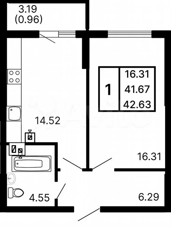 1-к. квартира, 42,6 м, 4/24 эт. - Фото 0