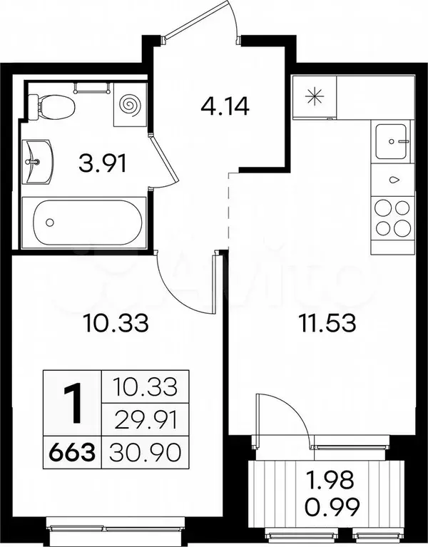 1-к. квартира, 30,9 м, 5/9 эт. - Фото 0