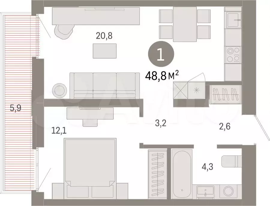 1-к. квартира, 48,8 м, 3/25 эт. - Фото 1