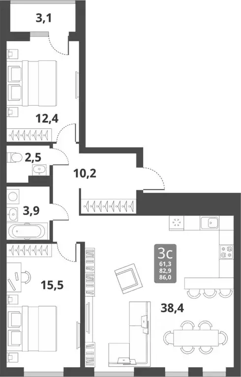 2-к кв. Новосибирская область, Новосибирск Тайгинская ул., с3 (82.9 м) - Фото 0