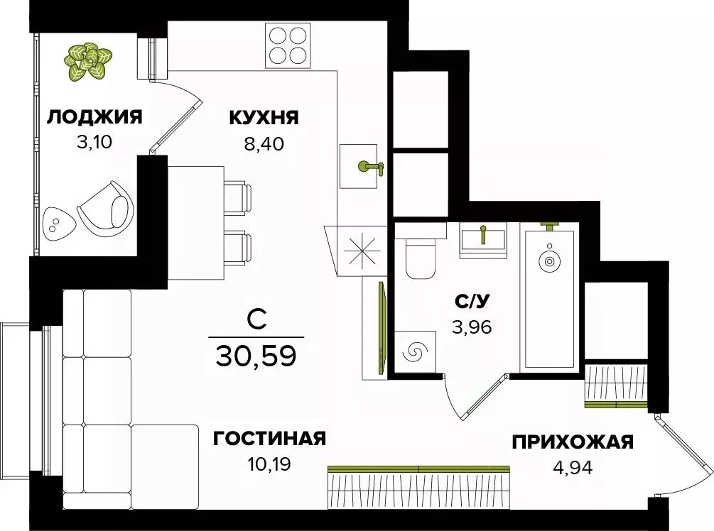 Студия Тульская область, Тула  (30.59 м) - Фото 0