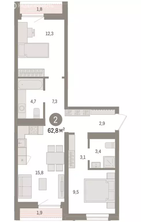 2-комнатная квартира: Новосибирск, улица Аэропорт (62.8 м) - Фото 1