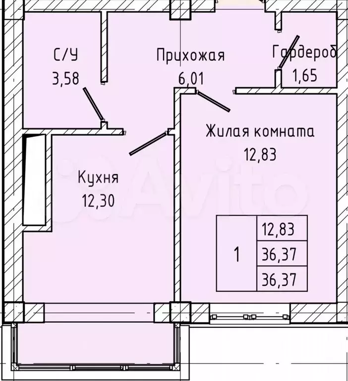 1-к. квартира, 36,4 м, 1/7 эт. - Фото 1