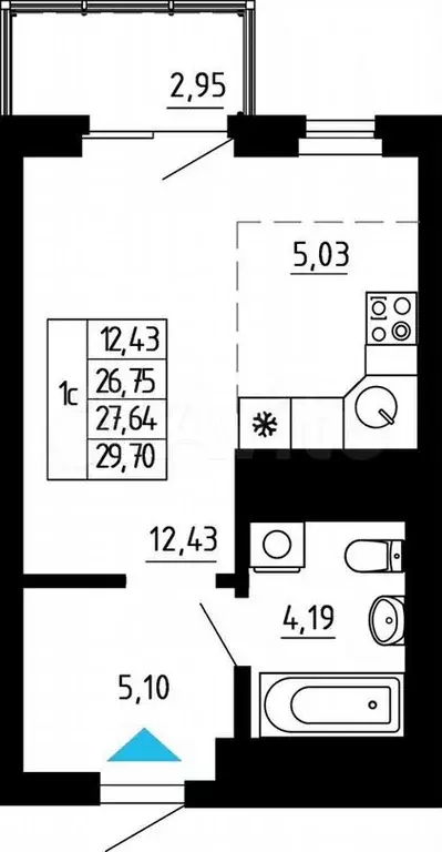 Квартира-студия, 27,6м, 25/26эт. - Фото 0