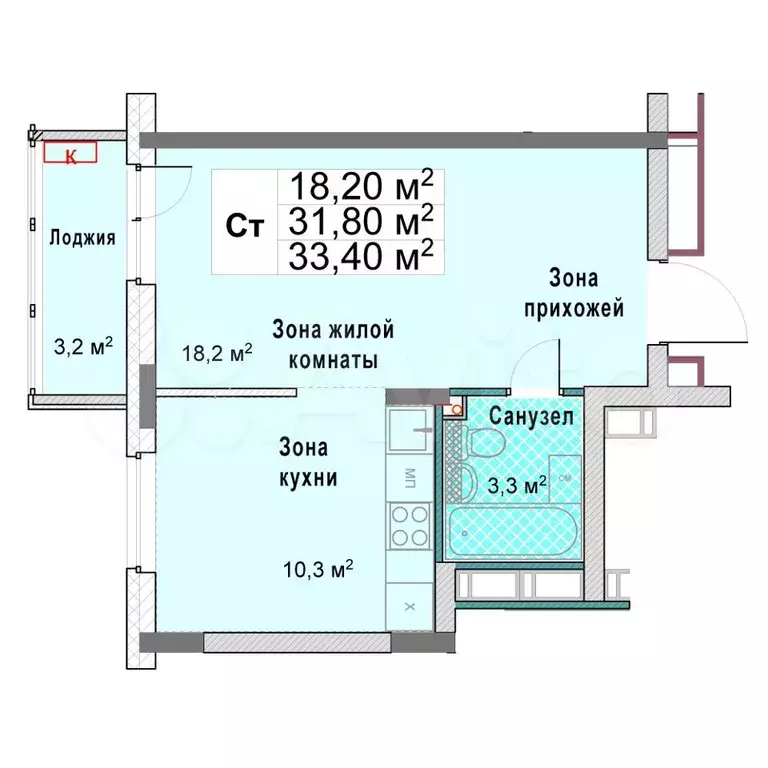 Квартира-студия, 31,8 м, 12/12 эт. - Фото 0