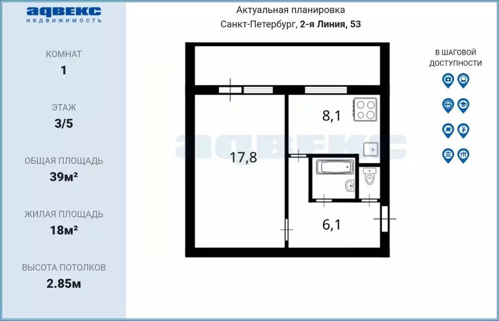 1-к кв. Санкт-Петербург 2-я Васильевского острова линия, 53 (39.0 м) - Фото 1