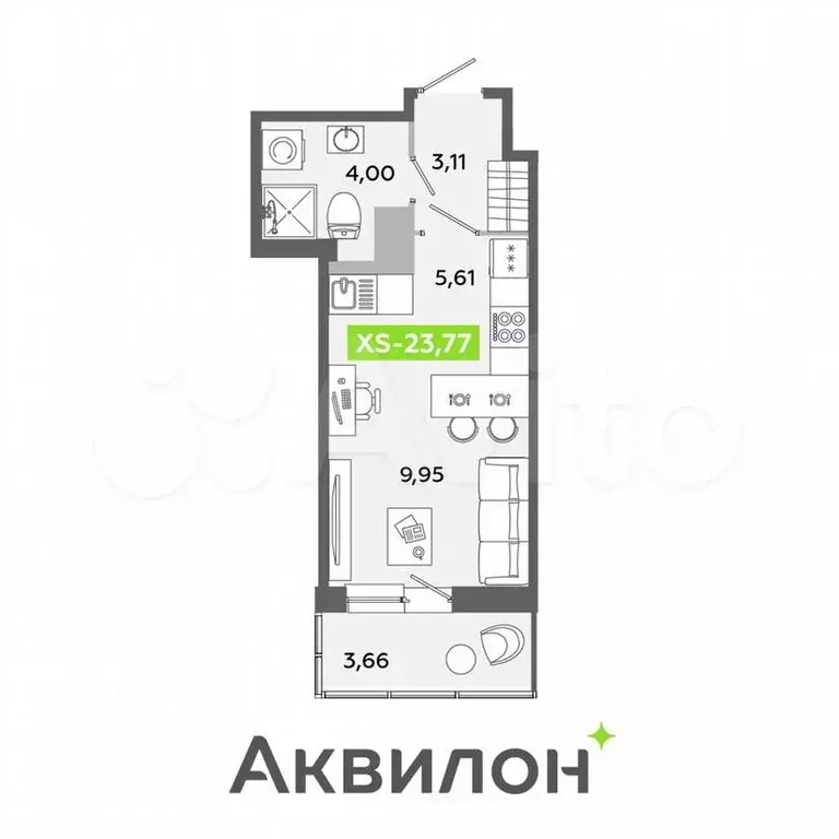 Квартира-студия, 23,8 м, 8/12 эт. - Фото 1