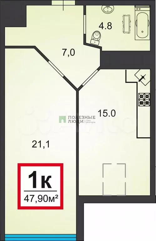 1-к. квартира, 47,9 м, 8/8 эт. - Фото 0