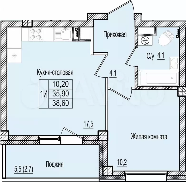 1-к. квартира, 38,6 м, 4/9 эт. - Фото 0