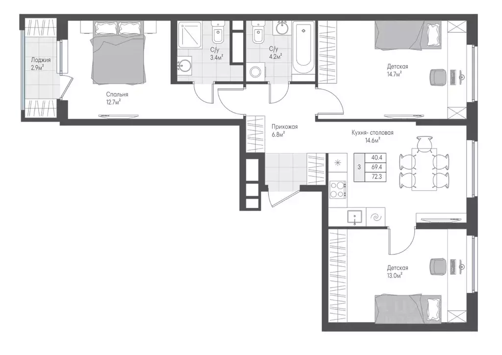 3-к кв. Тверская область, Тверь Лесная Мелодия-3 жилой комплекс (70.85 ... - Фото 1