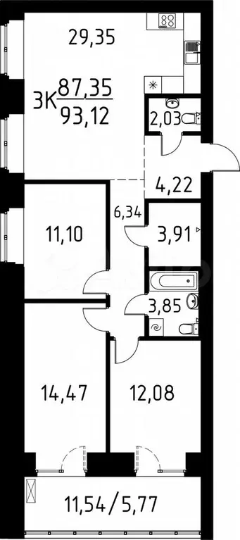 3-к. квартира, 93,1 м, 3/13 эт. - Фото 0