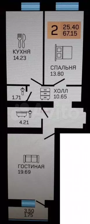 2-к. квартира, 67 м, 3/3 эт. - Фото 0