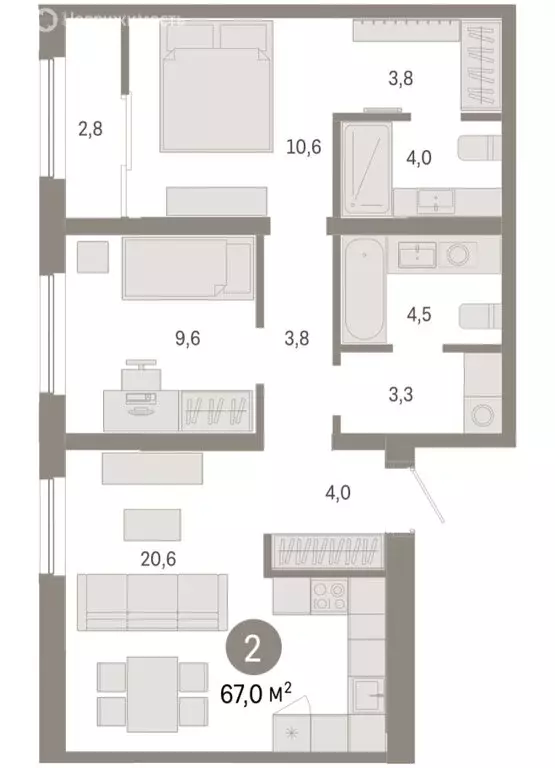 2-комнатная квартира: Новосибирск, Большевистская улица, с49 (66.96 м) - Фото 1