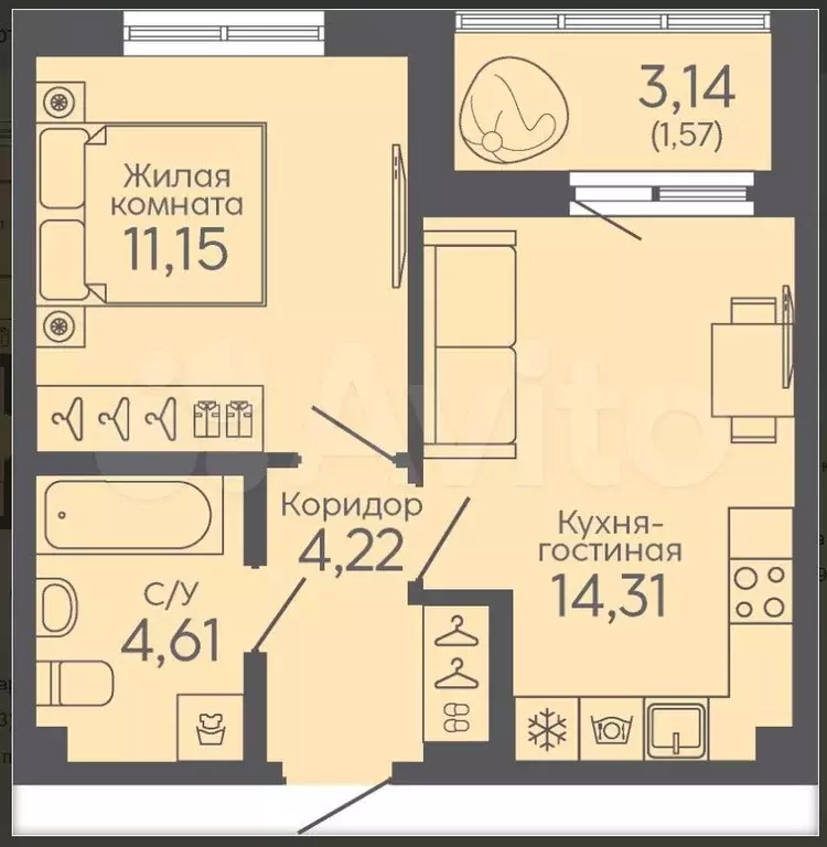 1-к. квартира, 36 м, 4/17 эт. - Фото 0