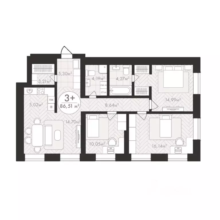 3-к кв. Башкортостан, Уфа Южный-2 мкр,  (86.51 м) - Фото 1