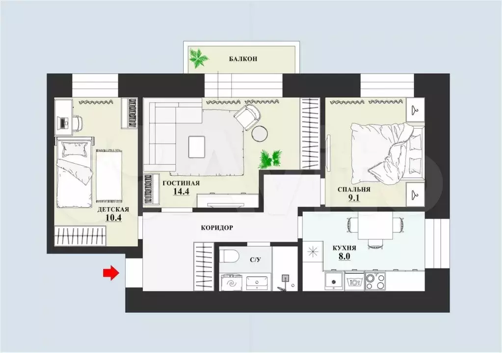 3-к. квартира, 53,5 м, 9/9 эт. - Фото 0