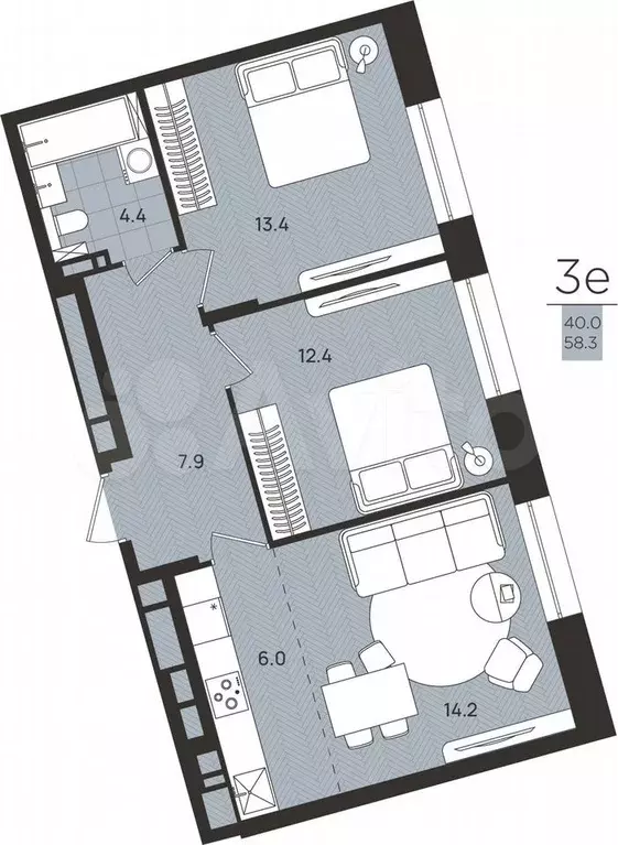 3-к. квартира, 58,3 м, 1/8 эт. - Фото 0