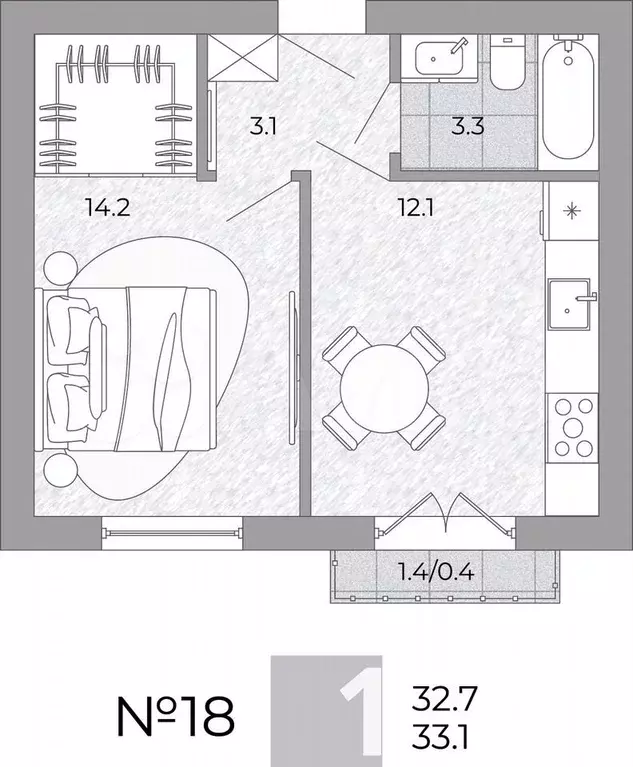 1-к. квартира, 33,1 м, 3/4 эт. - Фото 0