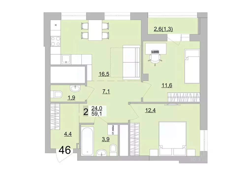 2-к кв. Свердловская область, Екатеринбург ул. Черкасская, 5к3 (60.4 ... - Фото 1