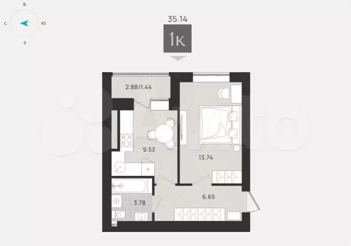 1-к. квартира, 35,1 м, 3/9 эт. - Фото 1