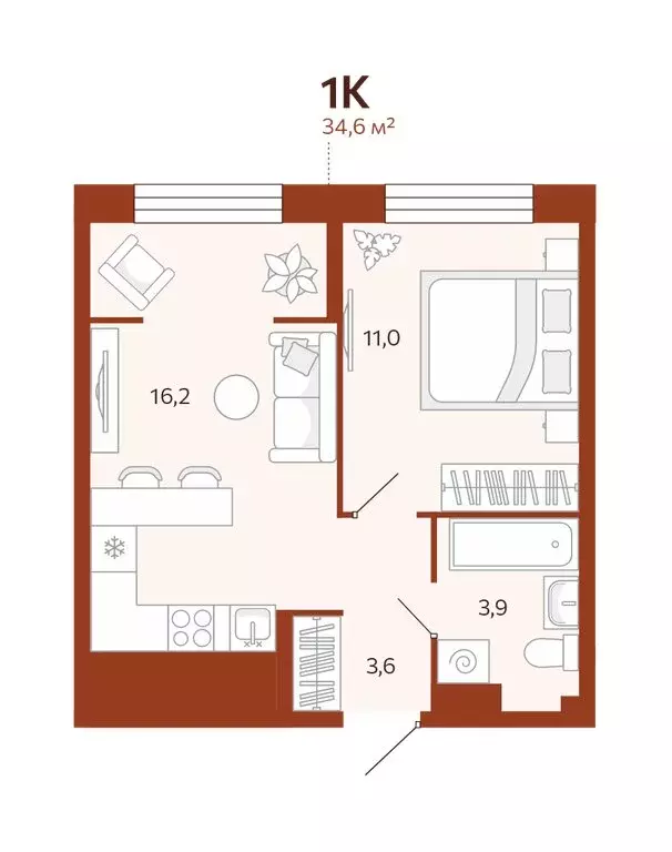 1-комнатная квартира: Тюмень, улица Новаторов, 28 (34.64 м) - Фото 0