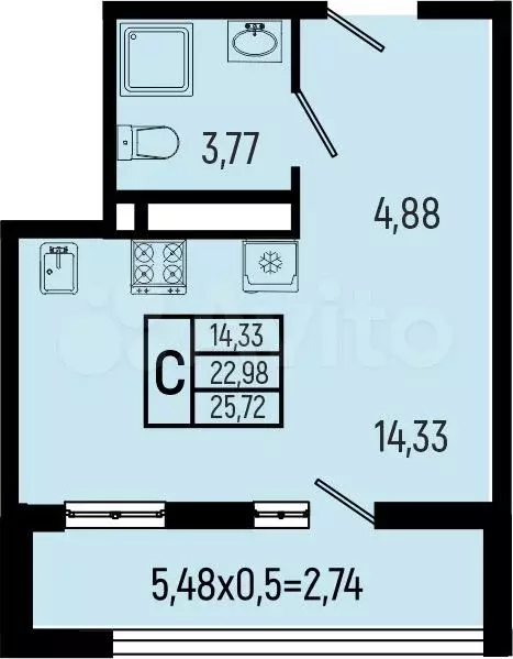 Квартира-студия, 25,7м, 6/9эт. - Фото 1