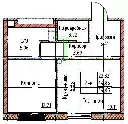 2-к. квартира, 44,9 м, 2/9 эт. - Фото 0