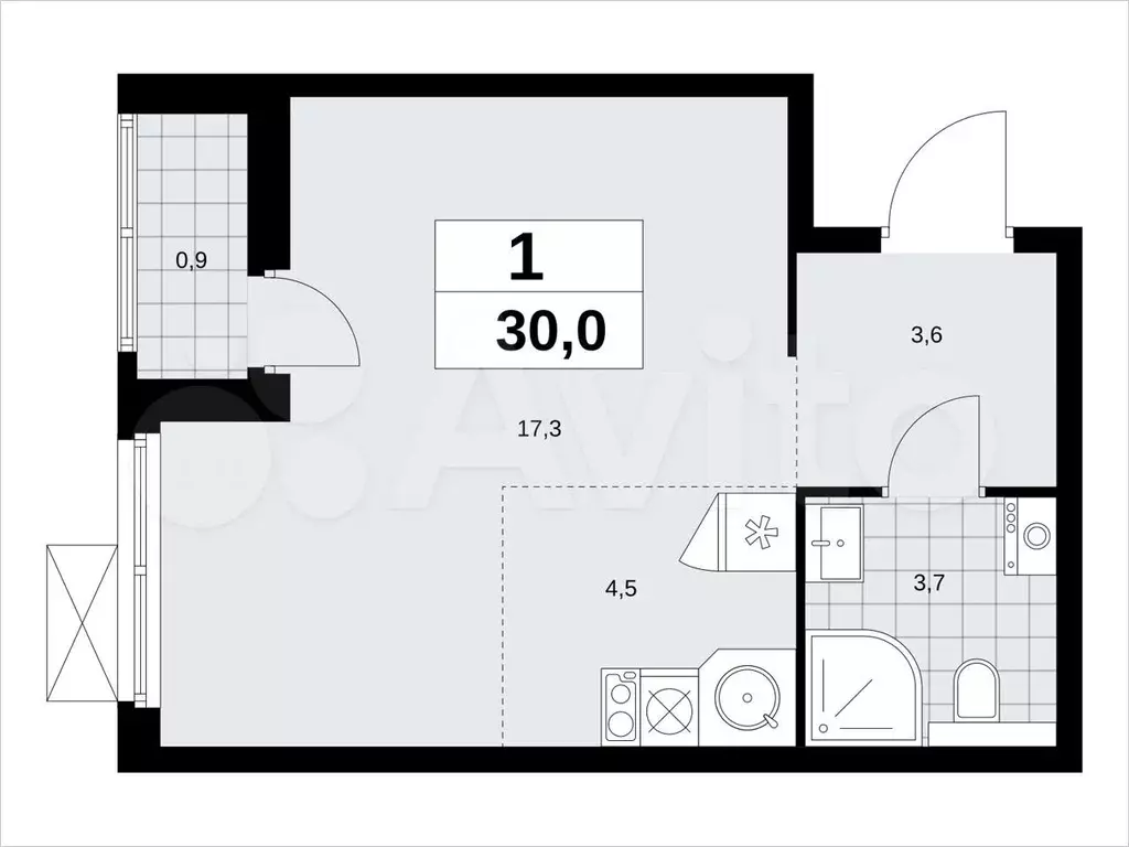 Квартира-студия, 30м, 9/19эт. - Фото 1