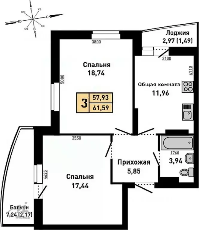 3-к кв. Алтайский край, Барнаул ул. Малахова, 134Ак2 (61.59 м) - Фото 0