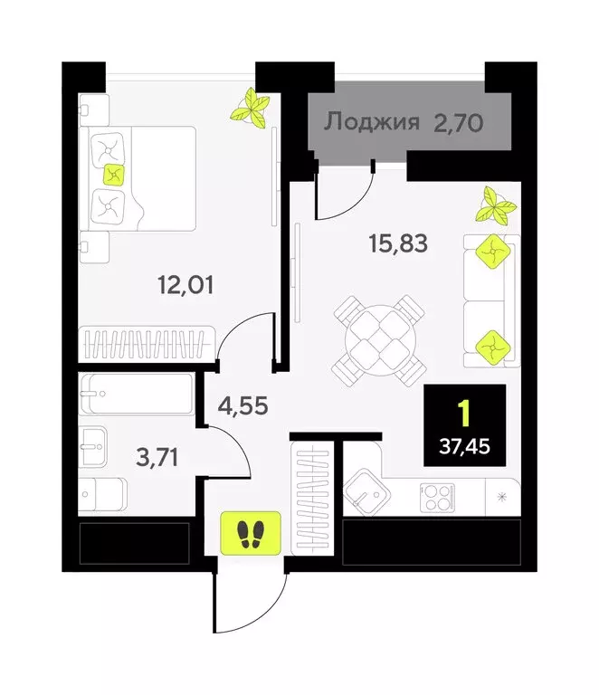 1-комнатная квартира: Тюмень, улица Андрея Приказнова, 1 (35.2 м) - Фото 1