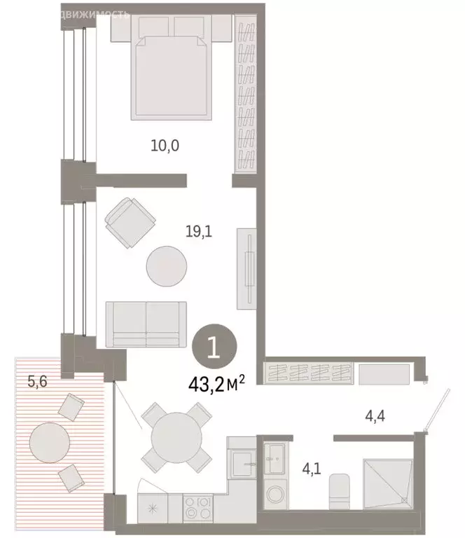 1-комнатная квартира: Тюмень, улица Муравленко, 9/2 (43.24 м) - Фото 1