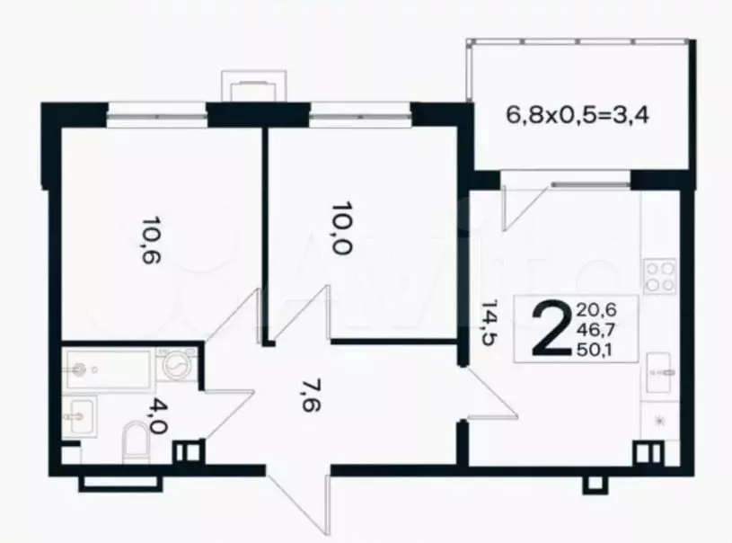 2-к. квартира, 50 м, 4/4 эт. - Фото 1
