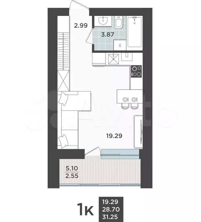 Квартира-студия, 28,7 м, 6/9 эт. - Фото 1