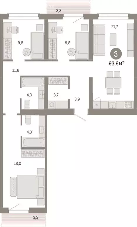 3-комнатная квартира: Новосибирск, Большевистская улица, с49 (93.59 м) - Фото 0