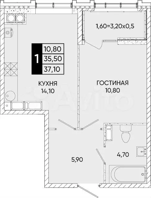 1-к. квартира, 37,1 м, 20/24 эт. - Фото 0